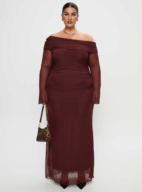 front view of model wearing Princess Polly Consideration Maxi Dress Chocolate Curve Straight Neck 