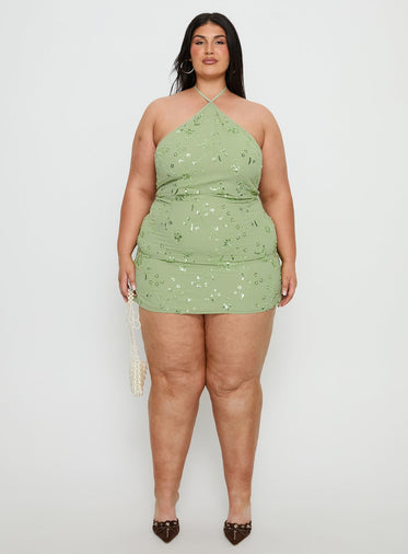 Evolet Embellished Halter Mini Dress Green Curve