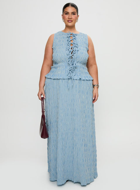 side view of model wearing Princess Polly Songbird Shirred Maxi Dress Blue Curve Crew Neck 