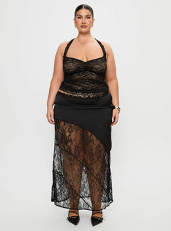   front view of model wearing Princess Polly Castelli Lace Maxi Skirt Black Curve Maxi 