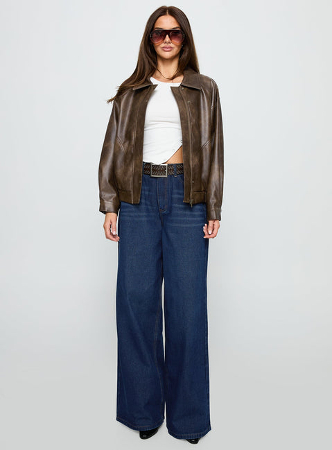 Mixtape Faux Leather Collared Jacket Brown