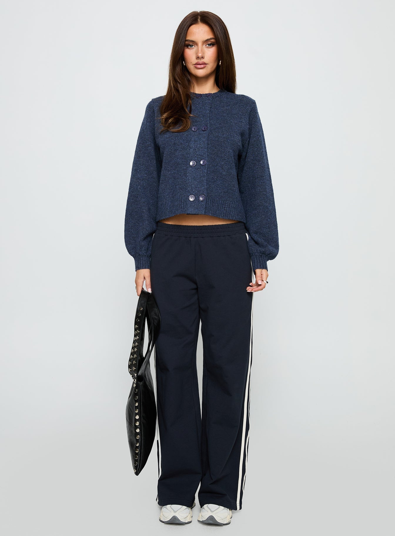 back view of model wearing Princess Polly Kammi Button Up Cardigan Navy Cropped 