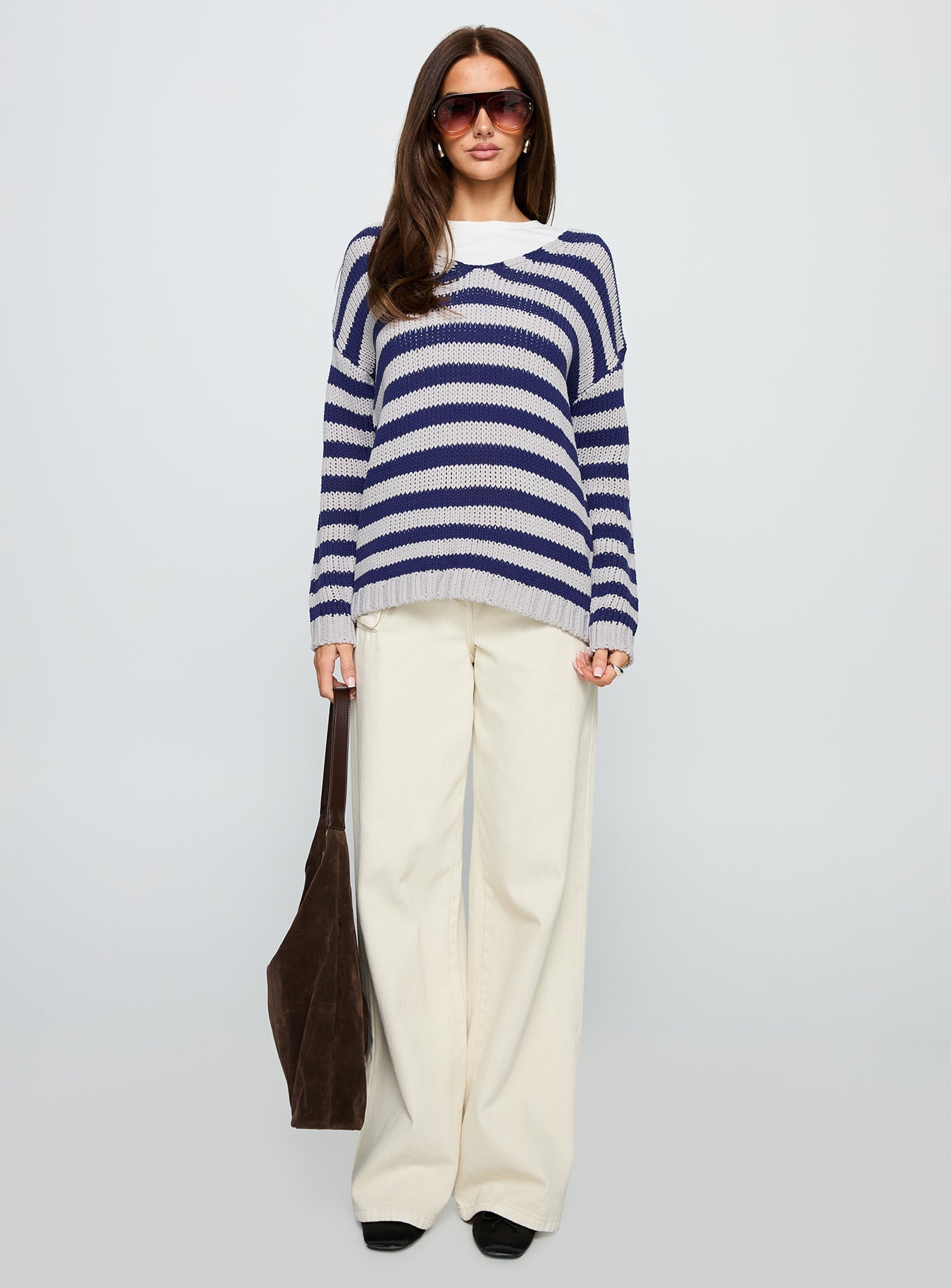 Drayven V Neck Knit Sweater Blue Stripe