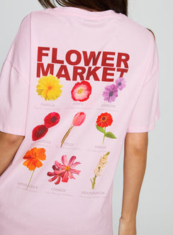 side view of model wearing Princess Polly Flower Chart Oversized Tee Pink Half Sleeves Crew Neck 