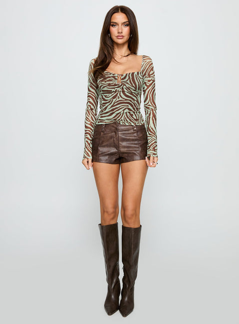 Cielo Mesh Long Sleeve Top Green / Brown Zebra