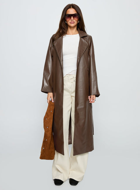 Dime A Dozen Faux Leather Trench Coat Brown