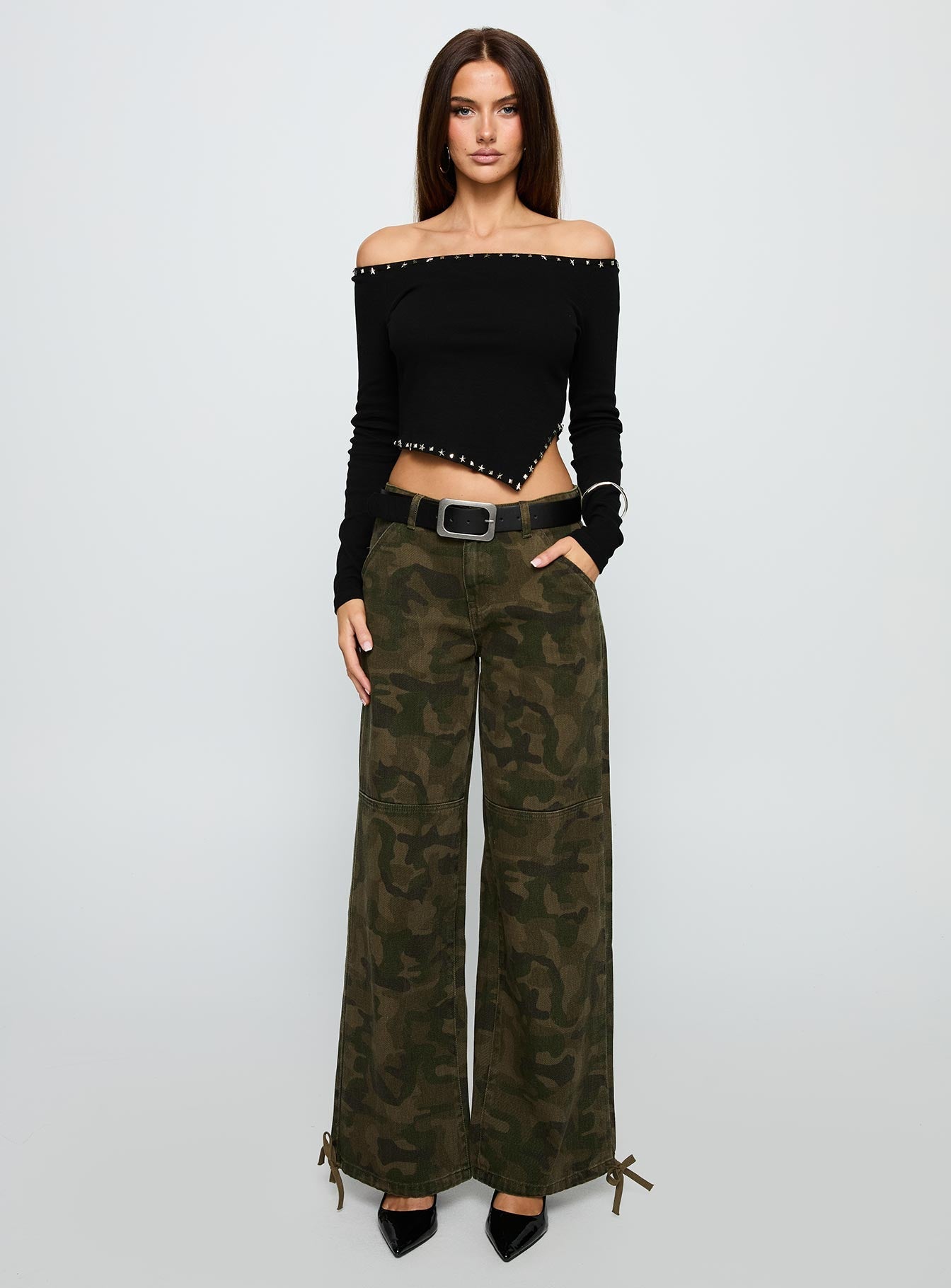 Strike Out Mid Rise Wide Leg Jeans Camouflage