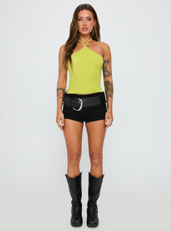 front view of model wearing Princess Polly Baseline Halter Rib Top Green Sleeveless 