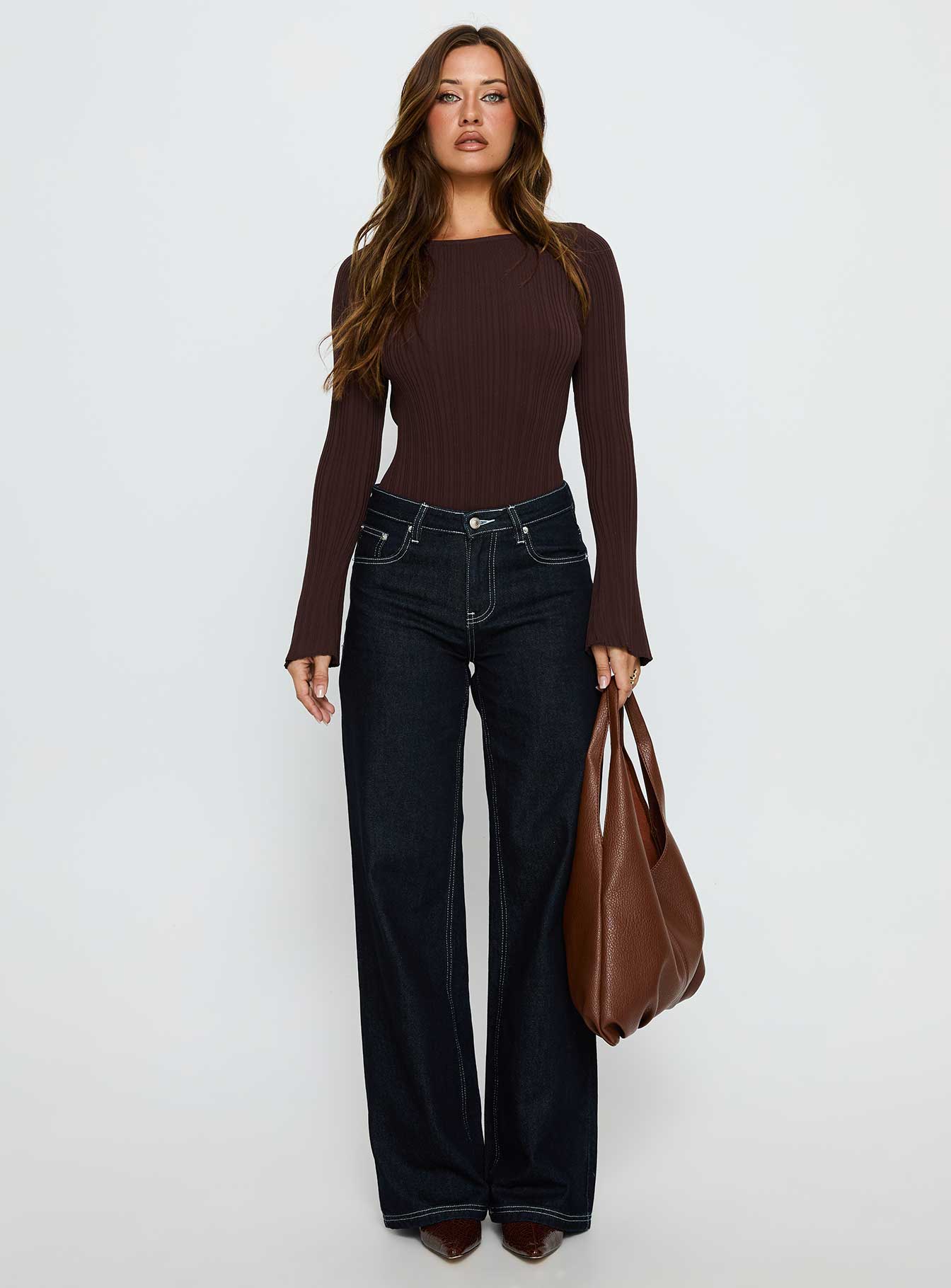 side view of model wearing Princess Polly Mayok Long Sleeve Bodysuit Brown Long Sleeve Tops 
