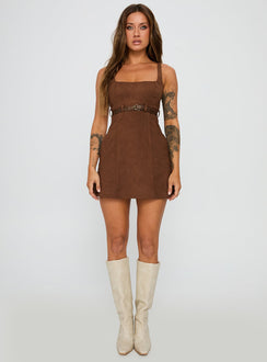 side view of model wearing Princess Polly Way Back In Faux Suede Mini Dress Brown Square Neck 