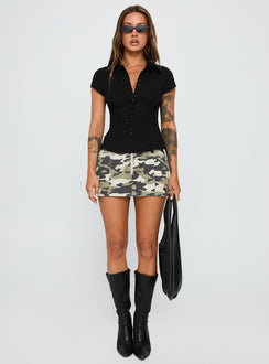 back view of model wearing Princess Polly Cottesloe Blouse Top Textured Black Short Sleeves V-Neck 