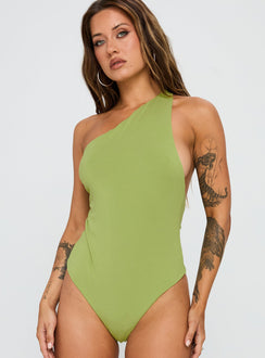 side view of model wearing Princess Polly Ferrera One Shoulder Bodysuit Green Sleeveless 