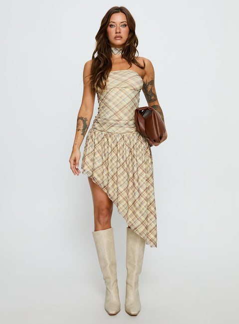 Cambria Strapless Scarf Midi Dress Yellow Check
