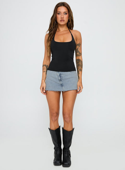 front view of model wearing Princess Polly Make My Day Mid Rise Denim Skort Light Wash High Waisted Shorts 