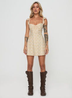 front view of model wearing Princess Polly Landon Mini Dress Yellow Floral Sweetheart Neckline 