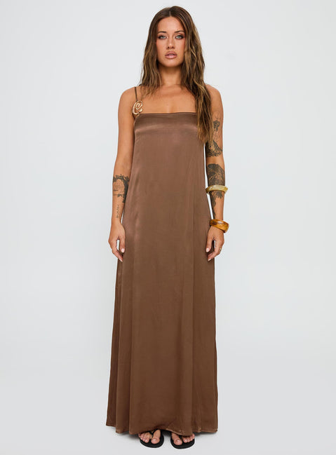 front view of model wearing Princess Polly Apple Cider Maxi Dress Brown Square Neck 