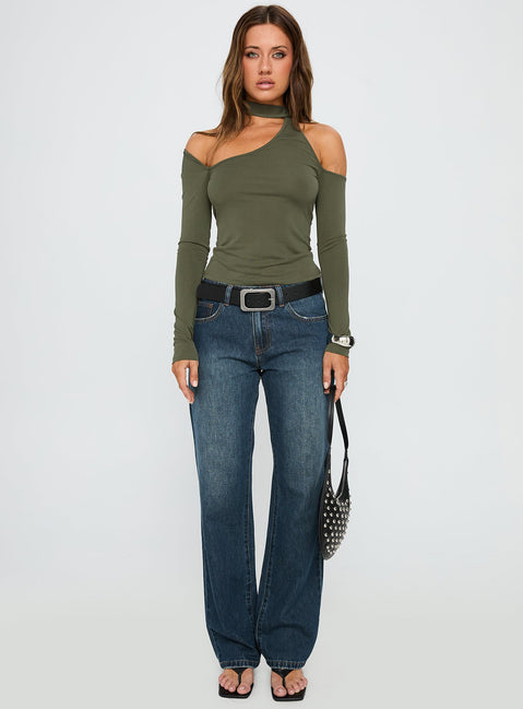 Radio Silent Scarf Tie Long Sleeve Top Dark Green