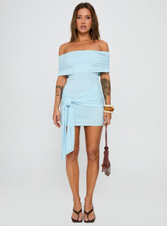 front view of model wearing Princess Polly Island Girl Tie Skirt Mini Dress Light Blue Straight Neck 