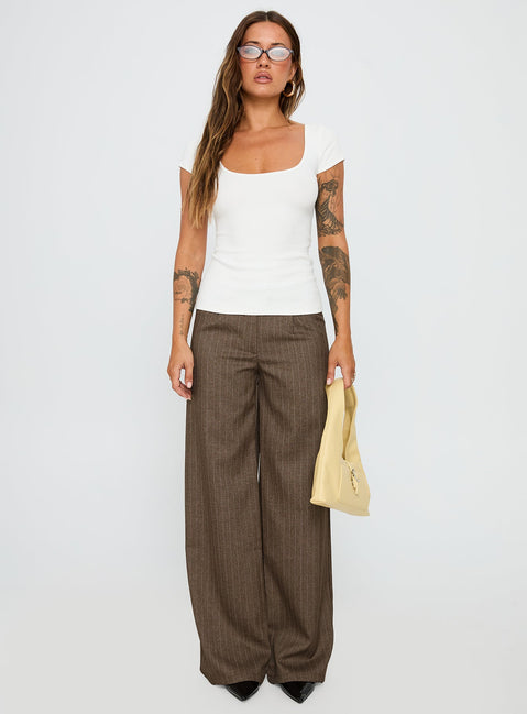 front view of model wearing Princess Polly Broadcast Pants Beige Pinstripe Low Rise Pants 