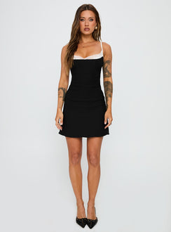 front view of model wearing Princess Polly Renaissance Corset Lace Mini Dress Black / White Sweetheart Neckline 