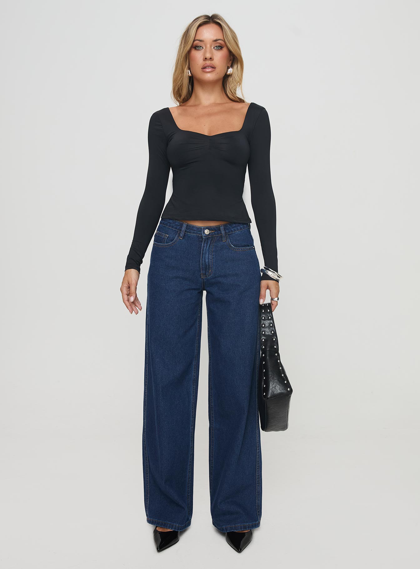 front view of model wearing Princess Polly Rehna Long Sleeve Top Black Full Sleeves Sweetheart 