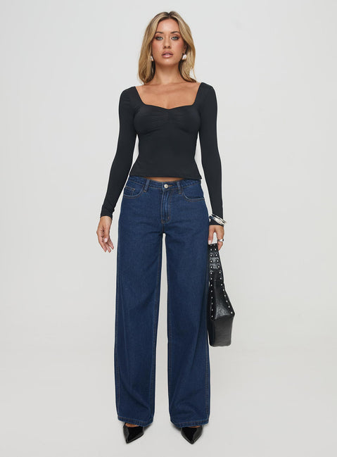 front view of model wearing Princess Polly Rehna Long Sleeve Top Black Full Sleeves Sweetheart 