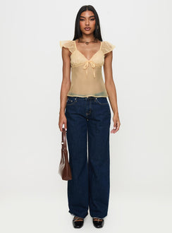 front view of model wearing Princess Polly Keysia Cap Sleeve Sheer Top Apricot Short Sleeves Plunger 