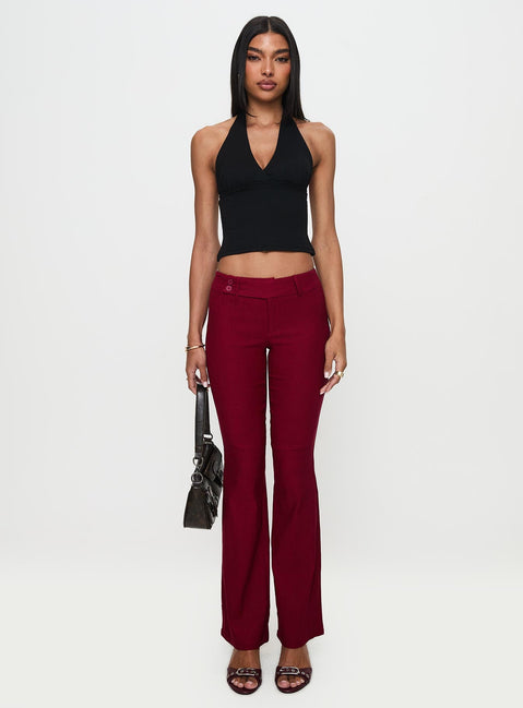 front view of model wearing Princess Polly Kinkirk Flared Pants Burgundy Low Rise Pants 