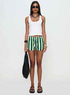 front view of model wearing Princess Polly Salt Air Shorts Green / Cream Stripe High Waisted Shorts 
