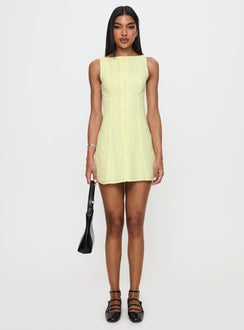 front view of model wearing Princess Polly Mimsie Embroidered Mini Dress Lemon Boat Neck 