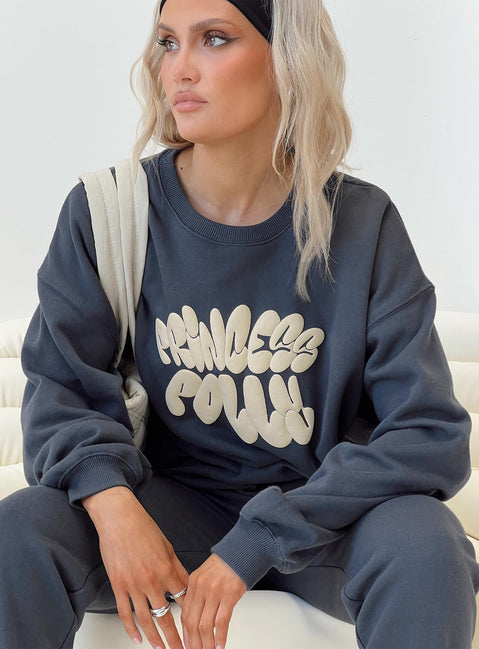 Princess Polly Crew Neck Sweatshirt Bubble Text Slate / Eggshell Princess Polly  regular 