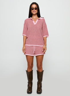 front view of model wearing Princess Polly Pacifique Crochet Shorts Pink Multi High Waisted Shorts 