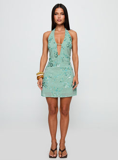 back view of model wearing Princess Polly Telenova Halter Mini Dress Green Plunger 