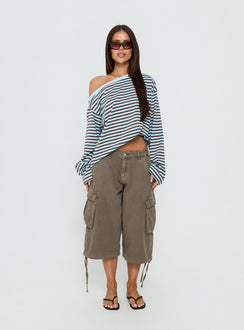 Settle Down One Shoulder Long Sleeve Top Chocolate / Blue Stripe