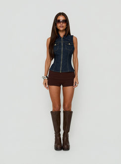 Liyana Denim Zip Up Sleeveless Top Mid Blue