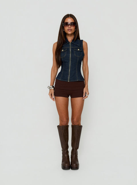 Liyana Denim Zip Up Sleeveless Top Mid Blue