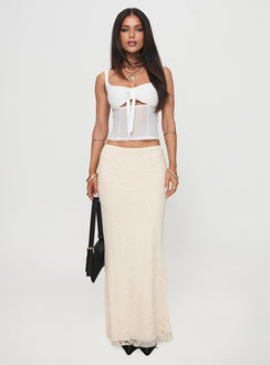   front view of model wearing Princess Polly Gazet Maxi Skirt Cream Maxi 