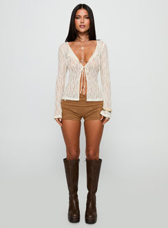 back view of model wearing Princess Polly Open Your Heart Tie Detail Long Sleeve Top Cream Full Sleeves Scoop Neck 