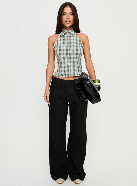 front view of model wearing Princess Polly Serenitia Mid Rise Relaxed Jeans Jet Black Mid Rise Jeans 