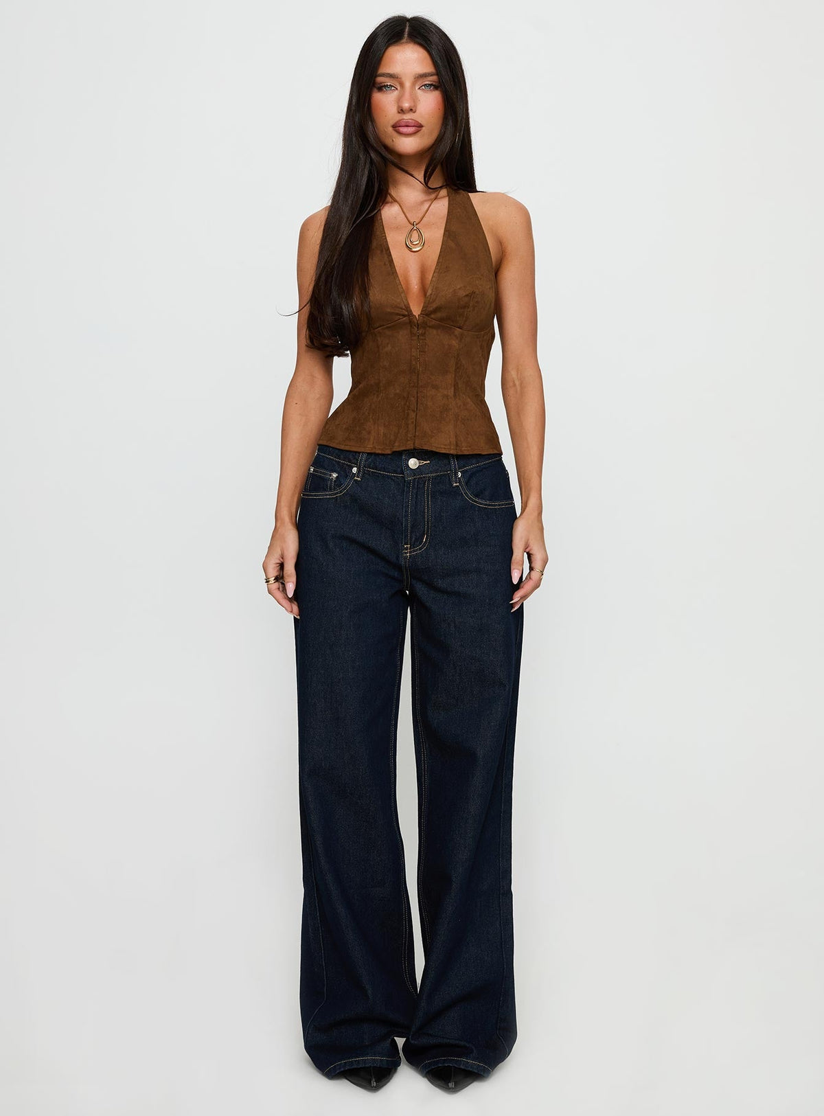 front view of model wearing Princess Polly Favourite Reference Mid Rise Straight Leg Jeans Dark Indigo Mid Rise Jeans Jeans 
