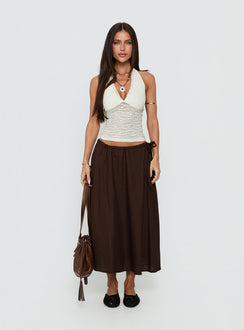   side view of model wearing Princess Polly Persuasion Tie Side Midi Skirt Chocolate Midi Skirts Skirts 