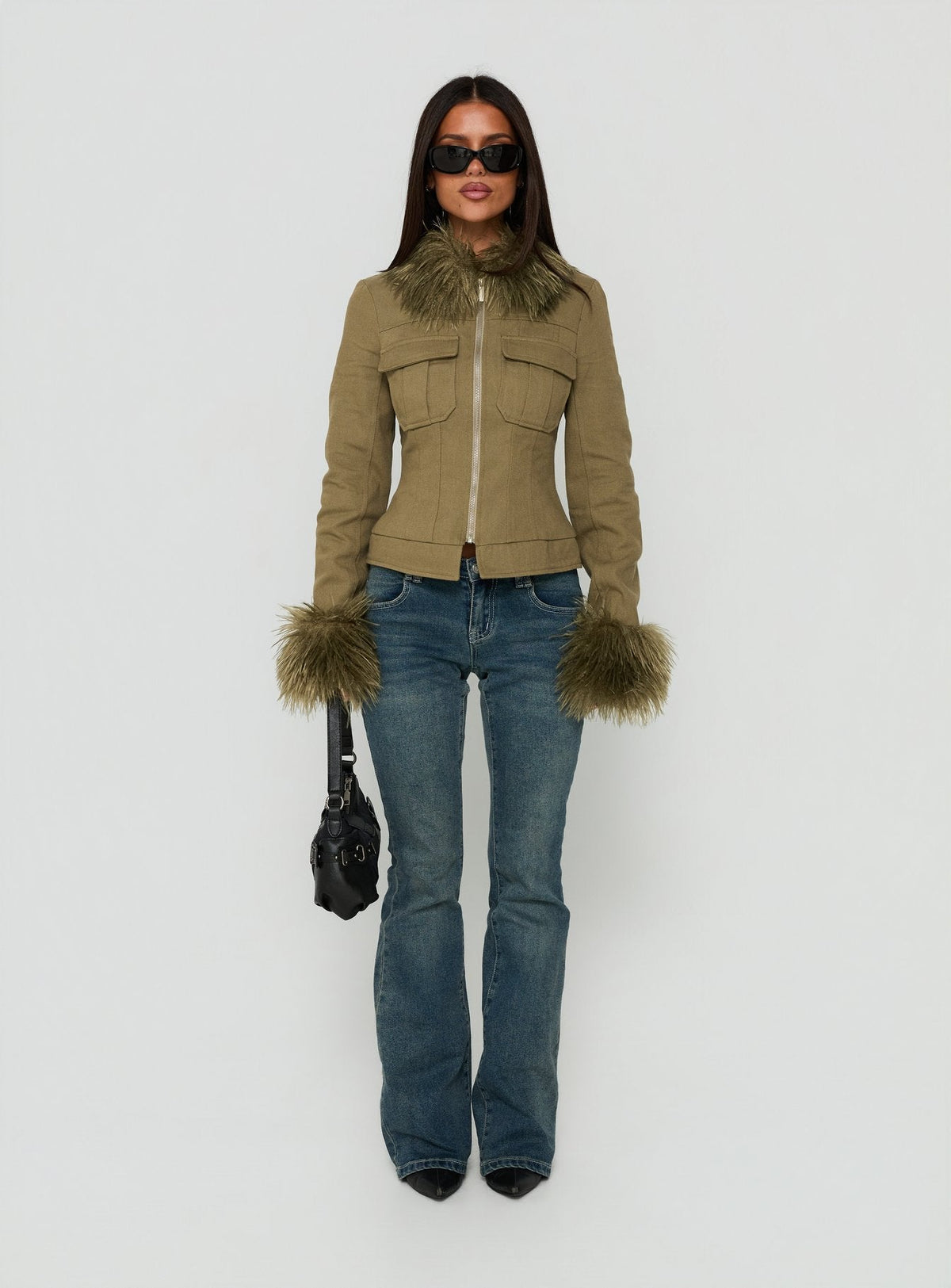 Nindie Faux Fur Contrast Jacket Green