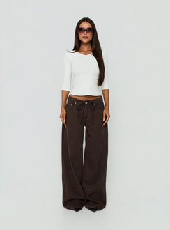 Ramos Low Rise Tie Waist Wide Leg Jeans Washed Chocolate