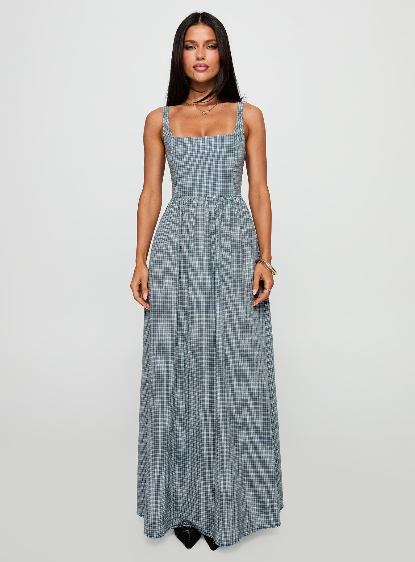front view of model wearing Princess Polly Cartmel Check Maxi Dress Navy Square Neck 