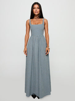 front view of model wearing Princess Polly Cartmel Check Maxi Dress Navy Square Neck 