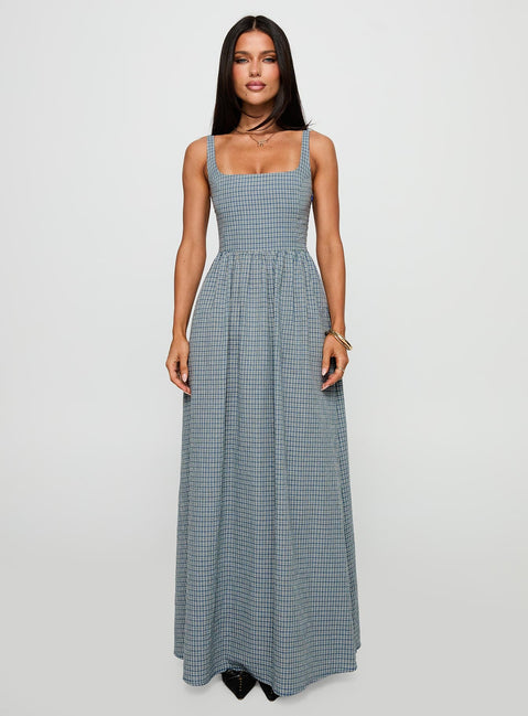 front view of model wearing Princess Polly Cartmel Check Maxi Dress Navy Square Neck 