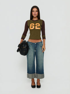 62 Varsity Long Sleeve Graphic Top Khaki Multi