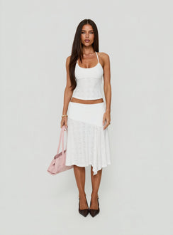 Crafted with the Opalie Asymmetrical Midi Skirt White Broderie in womens-skirts featuring fitted shape and lace hem detail view of model wearing Princess Polly