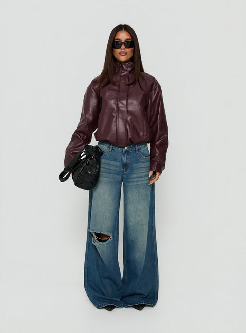 Kordale Funnel Neck Faux Leather Bomber Jacket Burgundy
