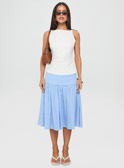   front view of model wearing Princess Polly Raelan Tiered Midi Skirt Blue Stripe Midi Skirts 